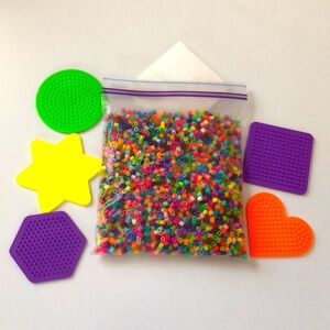 Lot of Perler beads with 5 shape pegboards